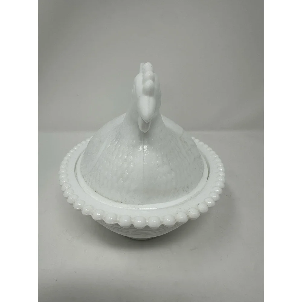 Indiana White Milk Glass RETICULATED Beaded Rim Hen On Nest - VHTF